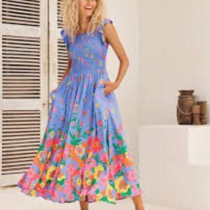 NWT MISTER ZIMI Abbie smocked floral Maxi Dress in Blue Meadow CUTE! Size 8 NEW